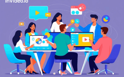Illustration of a group of people around a desk discussing Invideo io